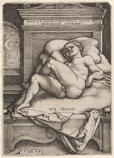 The Night, 1548, engraving, II. Condition, sheet, image: 11.1 x 7.9 cm, O. M. inscribed: NOX ET AMOR, VINVMQVE, NIHIL MO, DERABILE SVADENT, M. indicates: THE NIGHT, u, ., l, ., monogrammed and dated: 15 HSB [lig.] 48, Sebald Beham, Nürnberg 1500–1550 Frankfurt a.M.