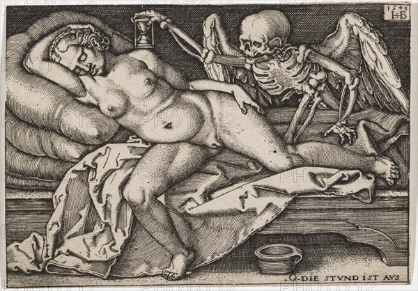 Sleeping Girl and Death, 1548, copperplate engraving, I. Condition, folio: 5.6 x 8.1 cm, O. r., dated and monogrammed: 1548, HSB [lig.], u, ., r., denoted: O THE STVND IS AVS, Sebald Beham, Nürnberg 1500–1550 Frankfurt a.M.