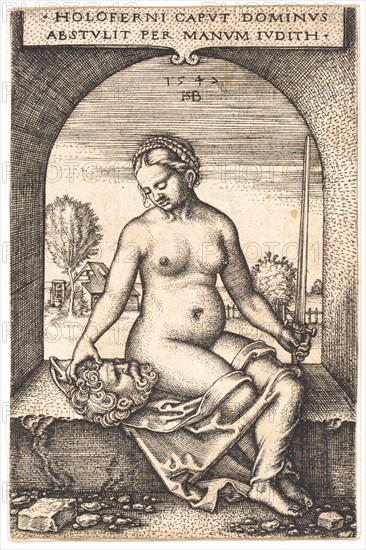 Judith with the head of Holofernes, 1547, engraving, II. Condition, sheet: 7.5 x 4.9 cm, signed, dated and monogrammed: HOLOFERNI CAPVT DOMINVS, ABSTVLIT PER MANVM IUDITH, 1547, HSB [lig.], Sebald Beham, Nürnberg 1500–1550 Frankfurt a.M.