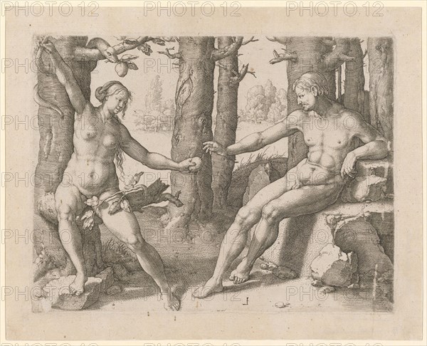 The Fall of Man, copper engraving, IV. Condition, sheet: 23.2 x 28.9 cm |, Plate: 19.3 x 25.2 cm, U. r., monogrammed: L [reversed], Lucas van Leyden, Leiden 1494 (?) –1533 Leiden
