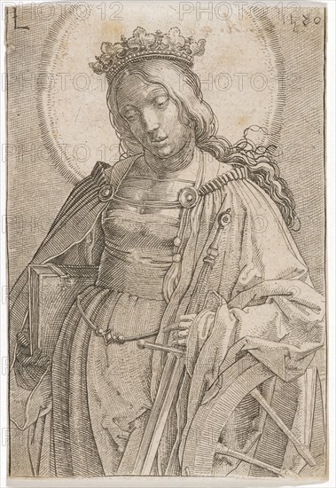 The hl., Catherine of Alexandria, 1520, etching and copperplate engraving, sheet: 11.1 x 7.7 cm, O. l., monogrammed: L, o. r., dated: 1520, Lucas van Leyden, Leiden 1494 (?) –1533 Leiden