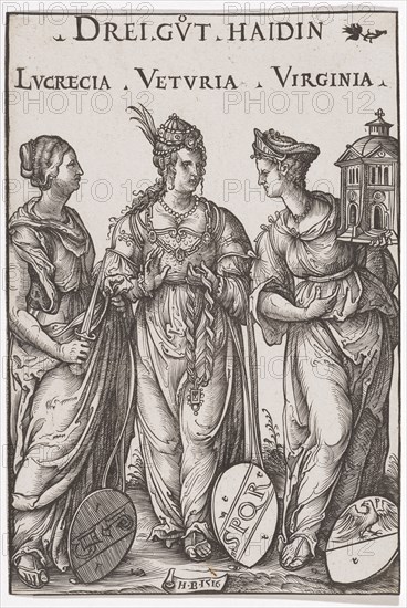 The Three Good Haidesses, 1516, woodcut, folio: 19.5 x 13.2 cm, O. M. inscribed: THREE GVT HAIDIN, LVCRETIA VETVRIA VIRGINIA, u, ., M. monogrammed and dated: H.B.1516, Hans Burgkmair d. Ä., Augsburg 1473–1531 Augsburg