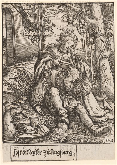 Samson and Dalila, woodcut, sheet: 13.4 x 9.5 cm (with writing) |, Picture: 11.8 x 9.5 cm, U. r., monogrammed: H.B, inscribed under the picture: Jost de Negker zu Augspurg, Hans Burgkmair d. Ä., Augsburg 1473–1531 Augsburg