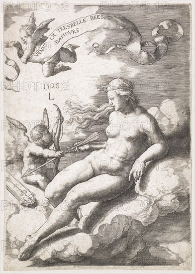 Venus, 1528, copperplate engraving, 2nd condition, sheet: 16.2 x 11.4 cm, inscribed in writing: VENVS LA TRESBELLE DEESSE, DAMOVRS, dated and monogrammed in the M.: 1528, L, Lucas van Leyden, Leiden 1494 (?) –1533 Leiden