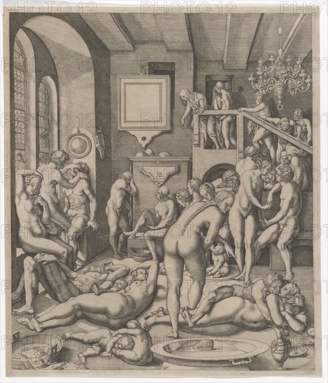 Bathhouse (Bath of the Anabaptists), 1540/50, copperplate, plate: 33.7 x 28.4 cm |, Leaf: 34.4 x 29.3 cm, monogrammed in the M.: .AG ., u, ., M .: VS [lig.], Virgil Solis, Nürnberg 1514–1562 Nürnberg