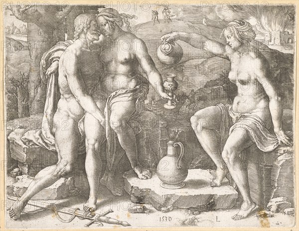Lot and his daughters, 1530, copperplate engraving, IV. Condition, plate: 18.9 x 24.4 cm |, Sheet: 19.1 x 24.5 cm, U.M. dated: 1530, u, ., M. r., monogrammed: L, Lucas van Leyden, Leiden 1494 (?) –1533 Leiden