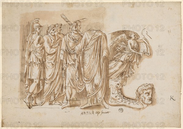 Fragment of a triumphal relief with emperor, virtus and entourage, further studies, 1541/47, pen in brown, red-brown washed, sheet: 20.8 x 29.6 cm, 30.3 cm, U. M. inscribed: ANTICK op straet, u, ., r .: K, o. r., numbered with red chalk: 10, Frans Floris de Vriendt I., Antwerpen 1519/20–1570 Antwerpen