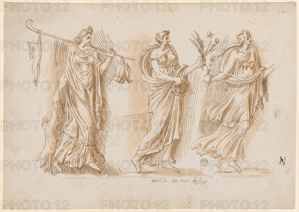 Horenrelief, 1541/47, pen in brown, red-brown washed, sheet: 21.3 x 30 cm, U. inscribed: antica in casa de seze [= Cesi], u, ., r .: N, o. r., numbered with red chalk: 14, Frans Floris de Vriendt I., Antwerpen 1519/20–1570 Antwerpen