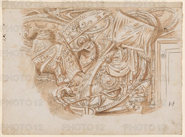 Relief with weapons trophies from the base of Trajan's Column, 1541-1547, pen in brown, red-brown washed, Journal: 22.5 x 30.5 cm, U. r., designated: H, o. r., numbered with red chalk: 8, Frans Floris de Vriendt I., Antwerpen 1519/20–1570 Antwerpen