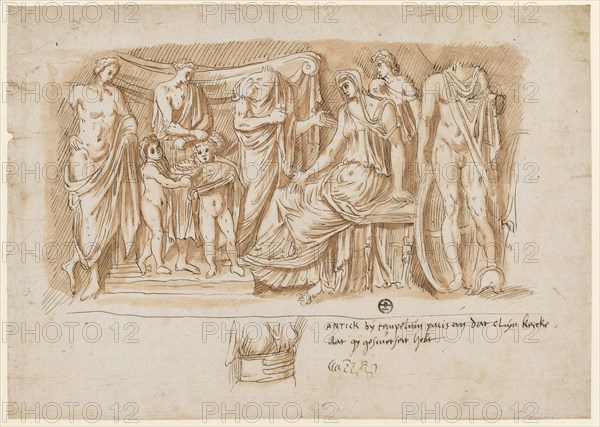 Relief of a Medea Sarcophagus, 1541/47, feather in brown, red-brown washed, Journal: 21.1 x 29.8 cm, U. r., marked: ANTICK bij tempelum pacis to dat cleijn kercke, dat gij checked, verso o. l .: R, u, ., l, ., numbered with red chalk: 91, Frans Floris de Vriendt I., Antwerpen 1519/20–1570 Antwerpen