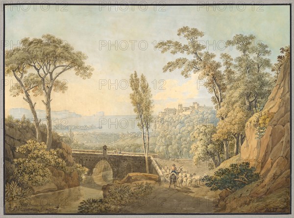Landscape, pen and brush in brown and black, watercolored, over pencil, in a passe-partout, U. l., with pen in black: P Birmann: Composit, underneath marked with a brush in brown: P Birmann: Composit, u, ., r., with brush in black: AE [ligated] 77, Peter Birmann, Basel 1758–1844 Basel