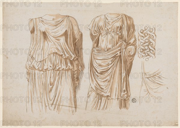 Two torsos of female robed statues, 1541/47, feather in brown, red-brown washed, leaf: 21 x 29.9 cm, verso o. R., numbered with red chalk: 28, Frans Floris de Vriendt I., Antwerpen 1519/20–1570 Antwerpen