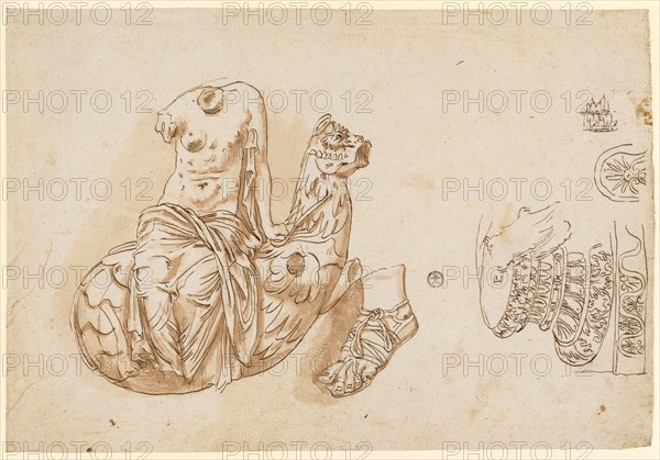 Torso of a Nereid on a Hippocampus, a left foot with sandal, columnar base and base plate, 1541/47, feather in brown, maroon in red brown, Leaf: 20.6 x 30.1 cm, Verso o. R., numbered with red chalk: 30, Frans Floris de Vriendt I., Antwerpen 1519/20–1570 Antwerpen