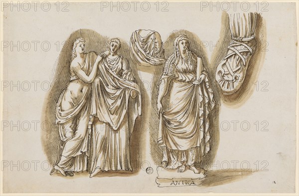 Demeter and Kore from the relief of the Puteal Albani, female upper body, archaic female statue holding a column, Bundschuh einer Barbarien, 1541/47, feather in brown, maroon, sheet: 19.9 x 30.5 cm, inscribed on the pedestal of the statue: ANTICA, u, ., r., numbered: 5, Frans Floris de Vriendt I., (Kopie nach / copy after), Antwerpen 1519/20–1570 Antwerpen