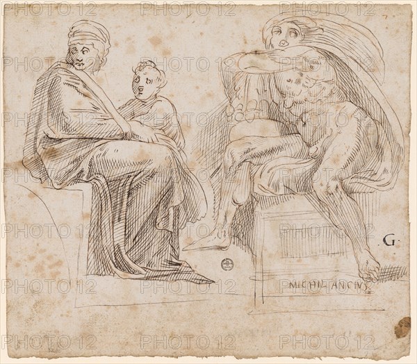 Two sketches after the ceiling fresco Michelangelo in the Sistine Chapel: Seated woman and boy of the ancestors of Christ, slave, 1541/47, feather in brown, on preliminary drawing with red chalk, sheet: 21.4 x 24.3 cm, U. r., designated: MICHIL ANCIVS, r., about: G, o. r., numbered with red chalk: 7 [2?], inscribed on the reverse: anticka, Frans Floris de Vriendt I., (Kopie nach (?) / copy after (?)), Antwerpen 1519/20–1570 Antwerpen