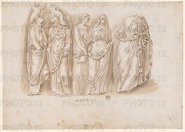 Sarcophagus relief with married couple, Juno Pronuba and Cupids, two walking girls, torso of an Eutrepe, 1541/47, feather in brown, red-brown washed, on verso also red chalk, sheet: 21.2 x 29.9 cm, U. M. inscribed: ANTYCUS, verso l .: antich bij, campedolie, u, ., r .: L, o. r., numbered with red chalk: 12, Frans Floris de Vriendt I., (Kopie nach (?) / copy after (?)), Antwerpen 1519/20–1570 Antwerpen