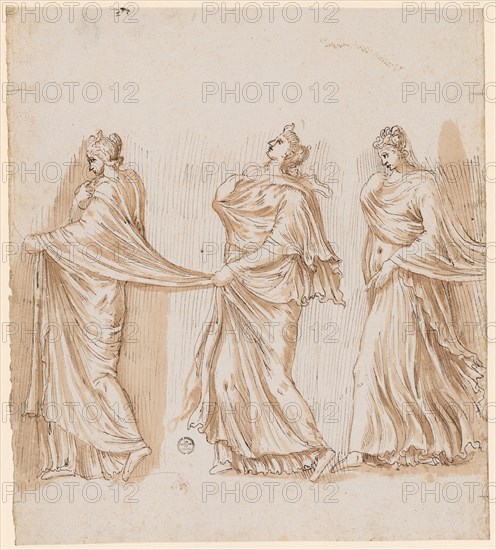 Three nymphs walking to the left, after a relief of the Puteal Albani, 1541/47, feather in brown, red-brown washed, verso sketch with red chalk, sheet: 23.8 x 21.1 cm, verso u., r., designated: M, o. r., numbered with red chalk: 13, Frans Floris de Vriendt I., (Kopie nach (?) / copy after (?)), Antwerpen 1519/20–1570 Antwerpen