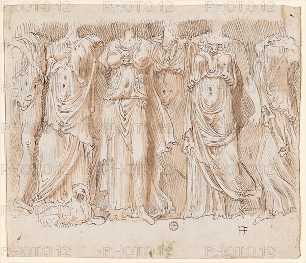 Five female figures, led by a male (Apollo with the Muses?), 1541/47, feather in brown, reddish-brown washed, verso: only pen in brown, leaf: 20.5 x 23.9 cm, U. r., monogrammed: FF, verso u., r., designated: T, o. r., numbered with red chalk: 10, Frans Floris de Vriendt I., (Kopie nach (?) / copy after (?)), Antwerpen 1519/20–1570 Antwerpen