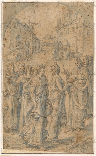 The wise virgins in front of the sky groom, feather in brown, brush in blue, fixed, sheet: 22.3, 23 x 13.8 cm, U. r., Signed in blue with brush: FF IV [= invenit], Frans Floris de Vriendt I., Antwerpen 1519/20–1570 Antwerpen