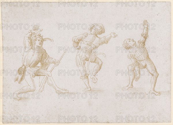 Three Moriscan Dancers, the left dressed as a fool, early 16th C., feather in brown, sheet: 10.6 x 14.7 cm, unsigned, Anonym, Oberrhein, Anfang 16. Jh.