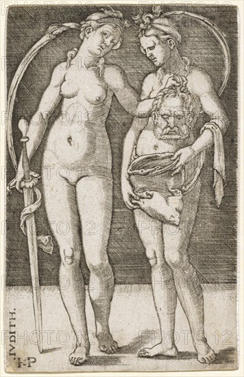 Judith with Servant, copper engraving, sheet: 10.6 x 6.8 cm, U. l., perpendicular to the edge: IVDITH, u, ., l, ., HSP [lig.], Sebald Beham, Nürnberg 1500–1550 Frankfurt a.M.