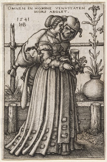 The Lady and the Death, 1541, copperplate engraving, III., Condition, sheet: 7.8 x 5.1 cm, O. M. inscribed: OMNEM IN HOMINE VENVSTATEM, MORS ABOLET ., l, ., including dated and monogrammed: 1541, HSB [lig.];, Sebald Beham, Nürnberg 1500–1550 Frankfurt a.M.