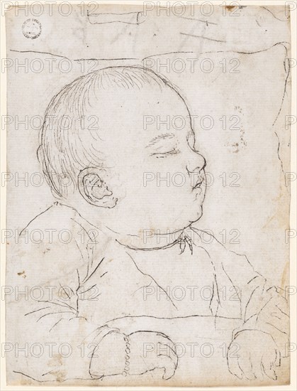 Sleeping child, pen in black, over preliminary drawing with graphite pencil, Sheet: 14 x 10.5 cm, Not marked, Hans Hug Kluber, Basel 1535/36–1578 Basel