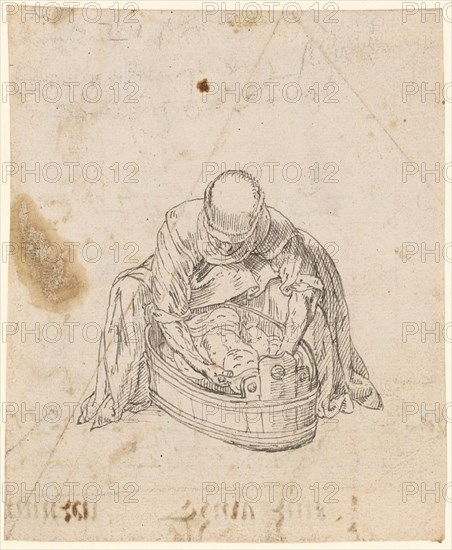 Woman bathing a small child in the bath, feather in gray, Sheets: 18.4 x 15.3 cm /14.8 cm, Unmarked, Hans Hug Kluber, Basel 1535/36–1578 Basel