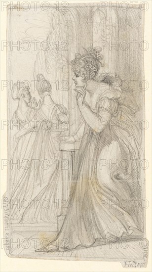 A listening lady leans against a round archway and overhears the conversation between two passing girlfriends, pencil, sheet: 17.8 x 9.7 cm, Unmarked, Johann Heinrich Füssli, Zürich 1741–1825 Putney Hill b. London