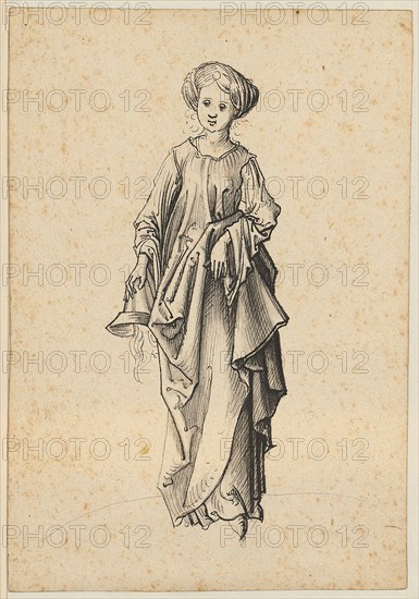 Foolish Virgin, head-on, head down, feather in black, gray wash, sheet: 16.2 x 11.1 cm, not marked, Martin Schongauer, (Nachfolger / follower), Colmar um 1445–1491 Colmar
