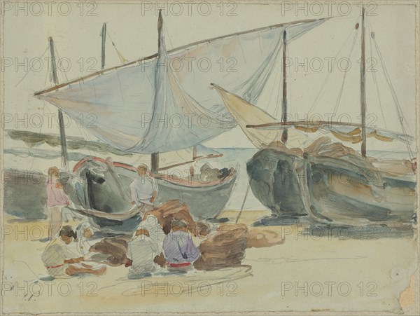 Barks with sails and nets on the beach at Porto d'Anzio, pencil and watercolor on light green paper, sheet: 22.2 x 29.8 cm, U. l., Monogrammed with pen: T.P., Theophil Preiswerk, Basel 1846–1919 Basel