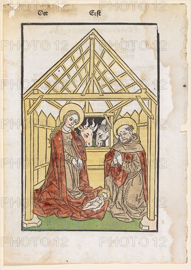 Nativity, 2nd half of the 15th century, woodcut, colored, leaf: 24.6 x 17.5 cm |, Picture: 19.8 x 13 cm, O. inscribed: the first one, verso: text, Anonym, Deutschland (Ulm), 2. Hälfte 15. Jh.