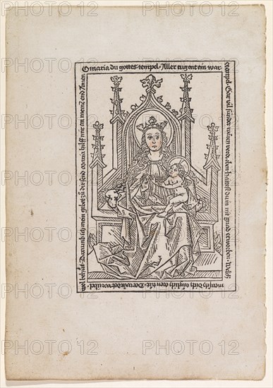 Enthroned Virgin Mary with Child, 2nd half of the 15th century, woodcut, partially colored, page: 30.5 x 21.4 cm |, Picture: 18.8 x 13 cm, inscribed: O maria du gottes., temple., All tugent a, was., Gar vil sinners would be spoiled., would you have bought in nit gnad., Which one does you do?, He would guard against evil., Darumb I send my prayer to you Maria help me to my end Amen, Anonym, Süddeutschland (Augsburg), 2. Hälfte 15. Jh.