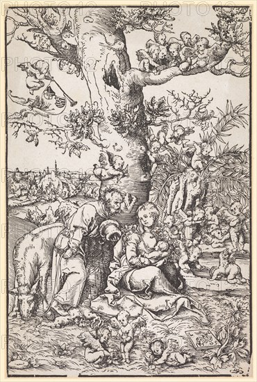 Holy Family fleeing to Egypt, 1509, woodcut, 2nd condition, sheet: 29 x 19.3 cm, U. r., monogrammed and dated on a panel above and below the snake sign: LC, 1509, Lucas Cranach d. Ä., Kronach 1472–1553 Weimar