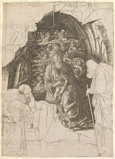 Adoration of the Child in the Cave, Copperplate, Leaf, Picture: 39.2 x 28.5 cm, Not Specified, Andrea Mantegna, (Kopie / copy), Isola Mantegna (ehem. Isola di Carturo) 1431–1506 Mantua