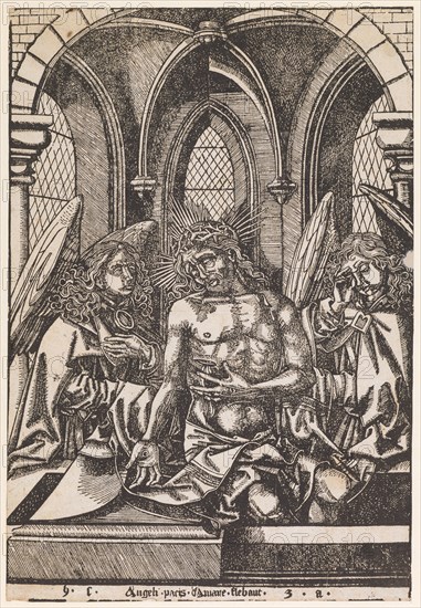 The Pain Man between two angels (after Israhel van Meckenem), c. 1500, woodcut, folia: 27.1 x 18.5 cm, U. of the inscription inscribed: h.c., Angeli pacis Amare flebant, z.a., Anonym, Deutschland, um 1500, Israhel van Meckenem, (Kopie nach / copy after), Meckenheim (?) um 1440/45–1503 Bocholt