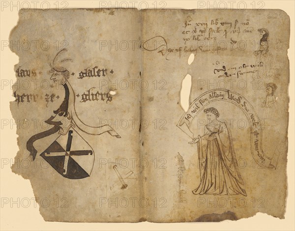 Double sheet with sketches: on the left half a coat of arms, on the right half standing woman with banner, two small figure sketches, middle of 15th cent., feather in brown, on parchment, sheet: 16.2 x 20.7 cm, inscribed with coat of arms: claus., glazier., Sir ., ze., Gliers, r., in the banner: I want ston alone, Wend the world is clean, about it: and an old woman at the sunnen [and other billing notes], Anonym, Schweiz, Mitte 15. Jh.
