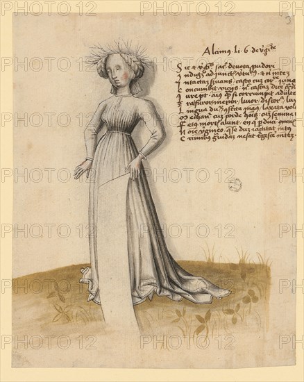 Young girl with blank banner, standing on a meadow, c. 1460, pen in black, gray washed, white and a little red heightened, lawn olive-green watercolor, leaf: 19.3 x 15.4 cm, O. r., with pen in brown: (see Latin text after Migne 1856, at Falk 1979), Anonym, Süddeutschland (Schwaben?), um 1460