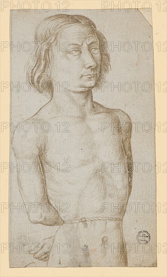 Nude bound man, seen to the hip, 2nd half of the 15th century, silver pen, on white primed paper, l., later line with pencil, verso: pen in brown, not primed, page: 14 x 8 cm, not marked, Anonym, Niederlande, 2. Hälfte 15. Jh.