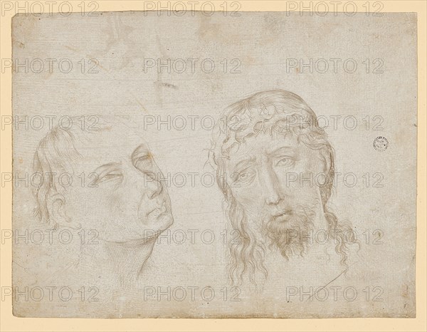 Christ's head with a crown of thorns and the head of a staring man, 2nd half of the 15th century, silver pencil, on both sides white primed paper, sheet: 15.1 x 20 cm, unmarked, Anonym, Niederlande, 2. Hälfte 15. Jh.