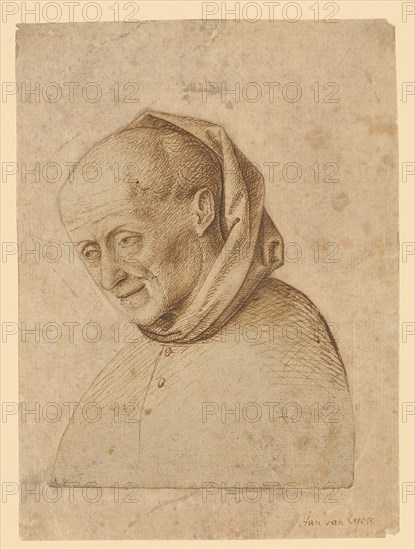 Half-length portrait of an elderly man with a hood, last quarter of the 15th century, feather in brown, silhouetted and pasted on old paper, page: 13 x 10.5 cm largest mass, not marked, Anonym, Niederlande, letztes Viertel 15. Jh.