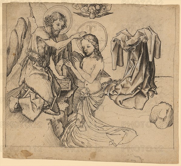 The Baptism of Christ, feather in black, over remains of coal projection, partly gray-brown washed, heightened in white, verso: pen and chalk or charcoal, sheet: 19.2 x 21.7 cm, unsigned, Martin Schongauer, (Kopie nach / copy after), Colmar um 1445–1491 Colmar