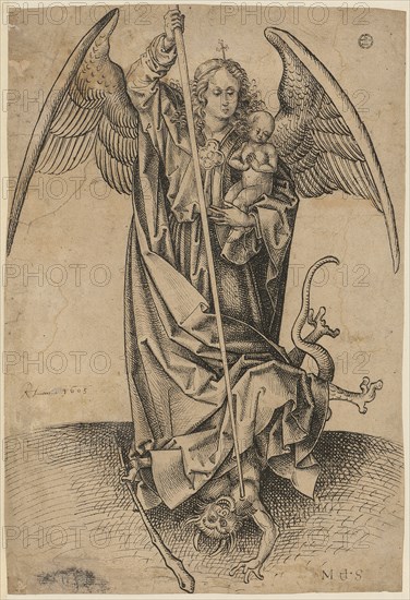 The Archangel Michael above the devil, holding a soul (naked child) in his arms, feather in black, Leaf: 28.9 x 19.5 cm, Unmarked, Martin Schongauer, (Nachfolger / follower), Colmar um 1445–1491 Colmar