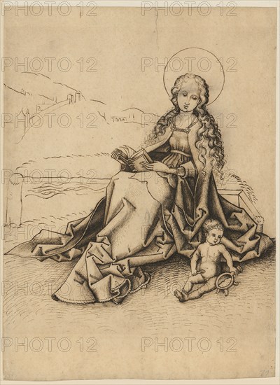 Mary with child on the grass bank, feather in dark brown, leaf: 28 x 20.4 cm, unsigned, Martin Schongauer, (Nachfolger / follower), Colmar um 1445–1491 Colmar
