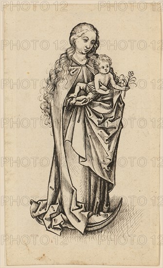Mary with Child, standing on the crescent moon, feather in dark brown, leaf: 21.1 x 12.4 cm, unsigned, Martin Schongauer, (Nachfolger / follower), Colmar um 1445–1491 Colmar