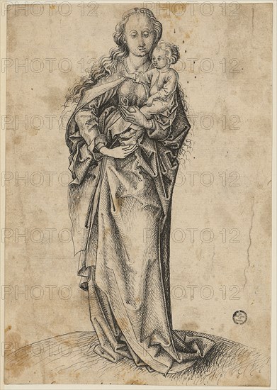 Standing Mary with Child, feather in black, old mounted, Journal: 19.7 x 13.8 cm, Not marked, Martin Schongauer, (Nachfolger / follower), Colmar um 1445–1491 Colmar