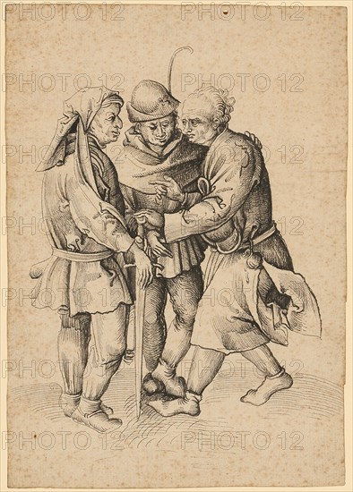 Three farmers in conversation, feather in dark brown, leaf: 21.2 x 14.8 cm, unsigned, Martin Schongauer, (Nachfolger / follower), Colmar um 1445–1491 Colmar