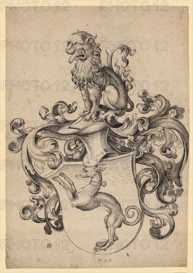 Coat of arms with a leaping greyhound, a sitting lion as a helmet ornament, c. 1500, feather in black, leaf: 41.9 x 29 cm, unmarked, Anonym, Oberrhein (Elsass?), um 1500