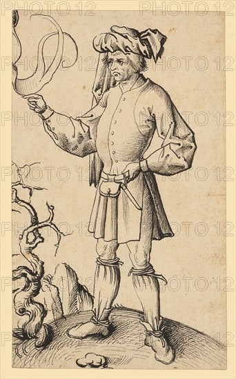 Standing Farmer (?) With Banner, c. 1500, Feather in Black, Journal: 16.4 x 9.9 cm, Unsigned, Anonym, Oberrhein, um 1500