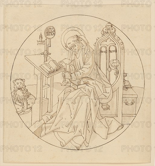 The Evangelist Mark, early 16th century, feather in brown, light gray-brown washed, page: 20 x 18.7 cm |, Picture: 17 cm (diameter), not marked, Anonym, Oberrhein (Basel), Anfang 16. Jh.
